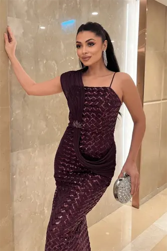 Pul Payet Kumaş Şal Detaylı Abiye Elbise - PATLICAN MOR - 4