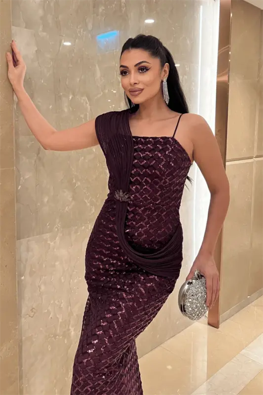 Pul Payet Kumaş Şal Detaylı Abiye Elbise - PATLICAN MOR - 4