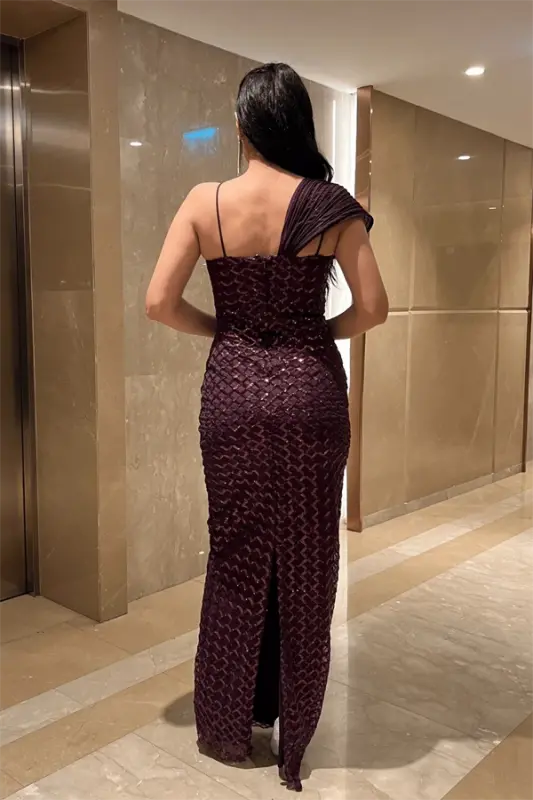 Pul Payet Kumaş Şal Detaylı Abiye Elbise - PATLICAN MOR - 5