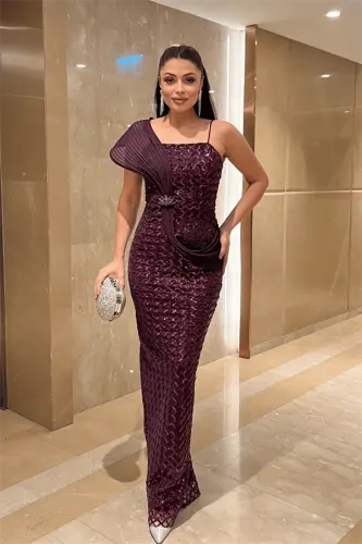 Pul Payet Kumaş Şal Detaylı Abiye Elbise - PATLICAN MOR - 1