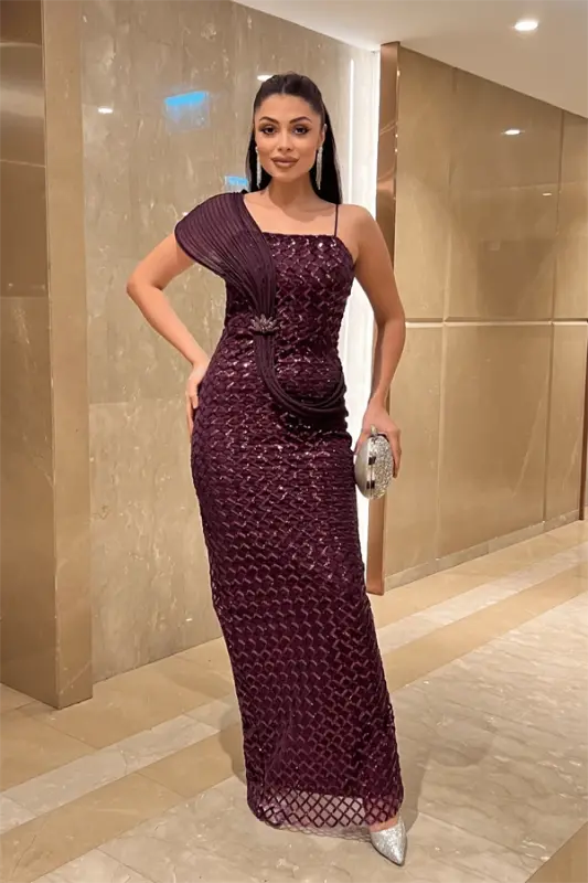 Pul Payet Kumaş Şal Detaylı Abiye Elbise - PATLICAN MOR - 2