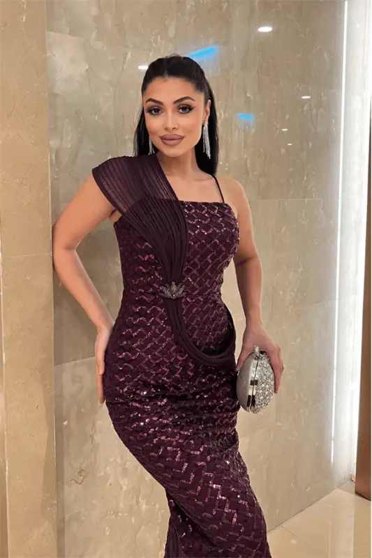 Pul Payet Kumaş Şal Detaylı Abiye Elbise - PATLICAN MOR - 3