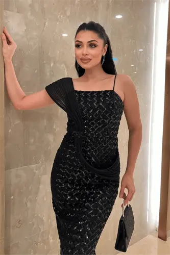 Pul Payet Kumaş Şal Detaylı Abiye Elbise - SİYAH - 3