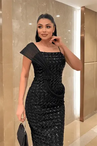 Pul Payet Kumaş Şal Detaylı Abiye Elbise - SİYAH - 4