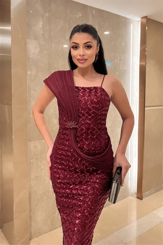 Pul Payet Kumaş Şal Detaylı Abiye Ko'ylak - BORDO - 3