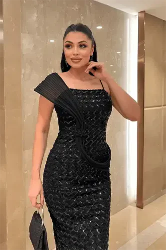 Pul Payet Kumaş Şol Detalli Abiye Ko'ylak - QORA - 4