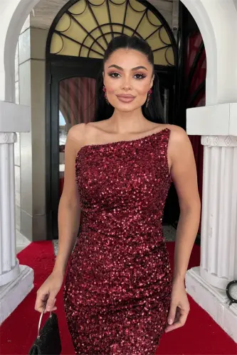 Pul Payet Kumaş Straplez Abiye Elbise - BORDO - 4