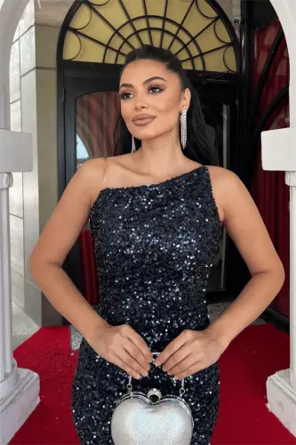 Pul Payet Kumaş Straplez Abiye Elbise - LACİVERT - 3