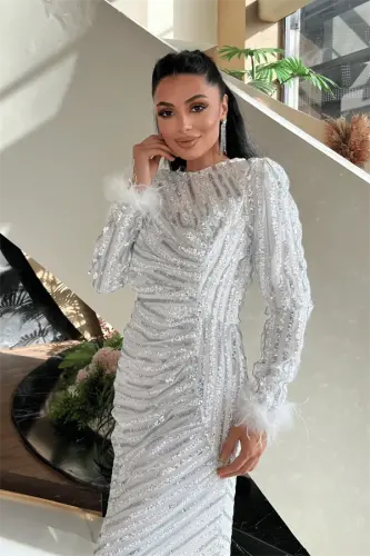 Pul Payet Kumaş Tesettür Abiye Elbise - BEYAZ - 3