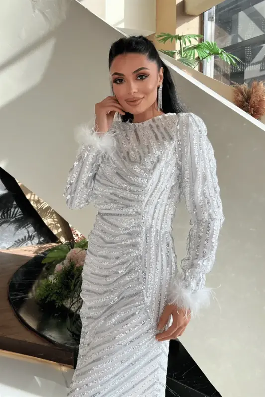 Pul Payet Kumaş Tesettür Abiye Elbise - BEYAZ - 3