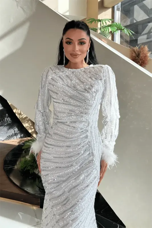 Pul Payet Kumaş Tesettür Abiye Elbise - BEYAZ - 4