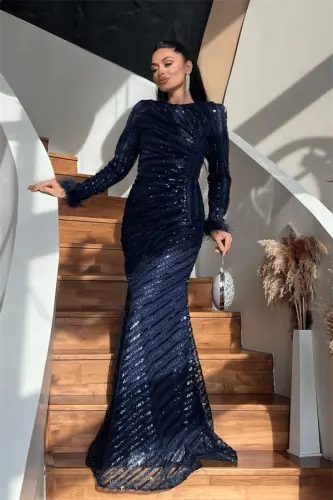 Pul Payet Kumaş Tesettür Abiye Elbise - LACİVERT - BÜYÜKBEDENIZ (1)