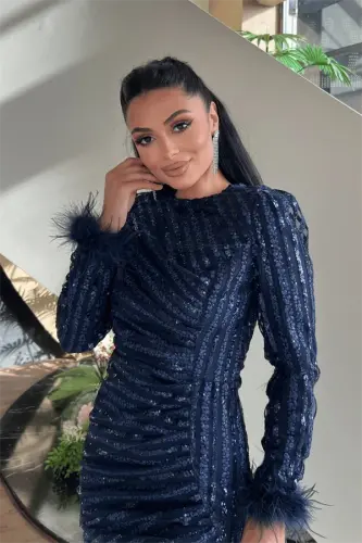 Pul Payet Kumaş Tesettür Abiye Elbise - LACİVERT - 3