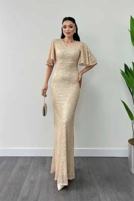 Pul Payet Kumaş V Yaka Abiye Elbise - GOLD - 2