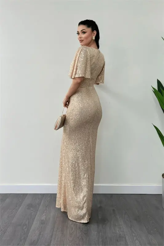 Pul Payet Kumaş V Yaka Abiye Elbise - GOLD - 5