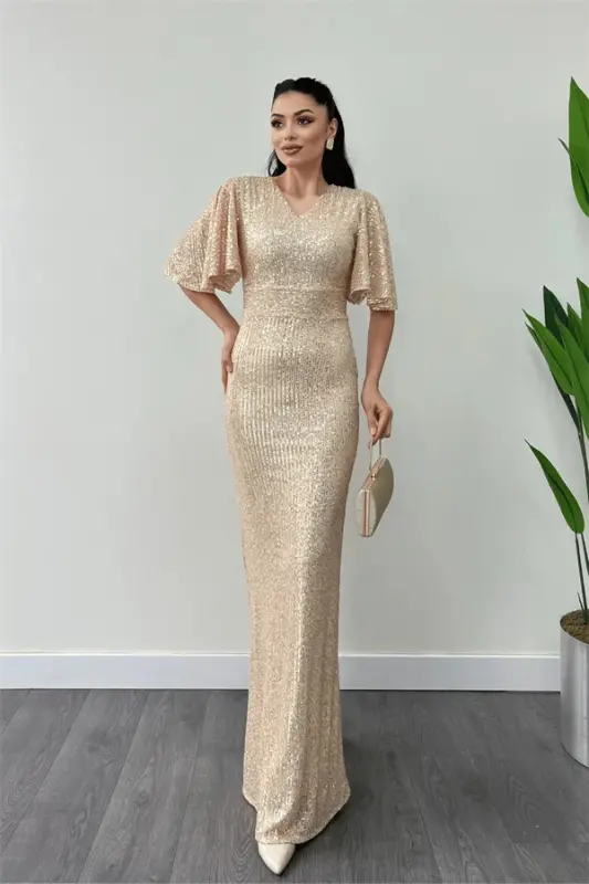Pul Payet Kumaş V Yaka Abiye Elbise - GOLD - 1