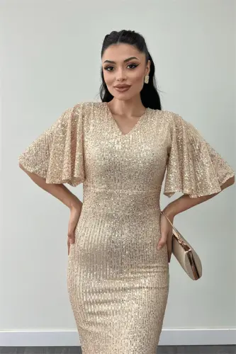 Pul Payet Kumaş V Yaka Abiye Elbise - GOLD - 3