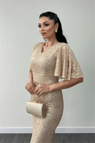 Pul Payet Kumaş V Yaka Abiye Elbise - GOLD - 4
