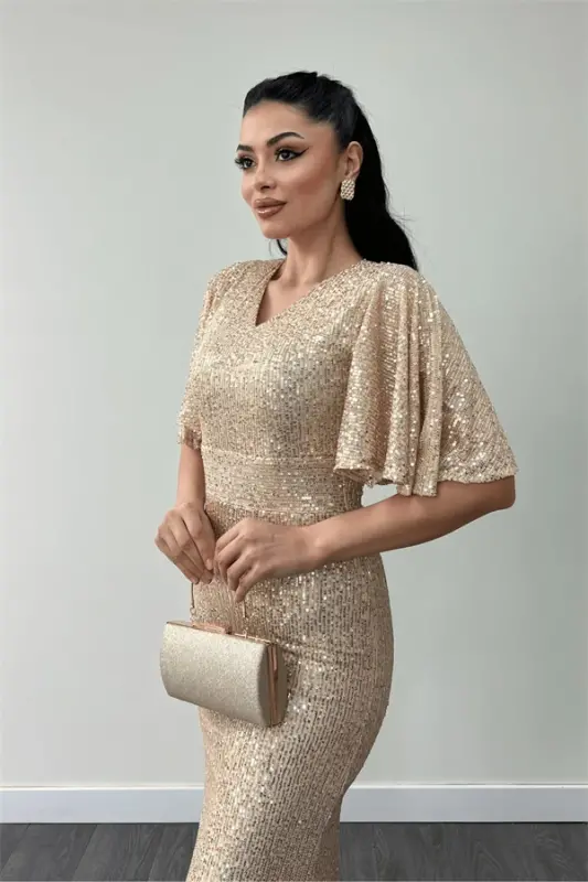 Pul Payet Kumaş V Yaka Abiye Elbise - GOLD - 4