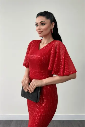 Pul Payet Kumaş V Yaka Abiye Elbise - KIRMIZI - 3