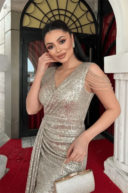 Pul Payet Kumaş Yelkasi Omuz Popuk Boncuk Balik Ko'ylak - GOLD - 3