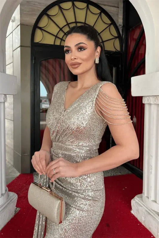 Pul Payet Kumaş Yelkasi Omuz Popuk Boncuk Balik Ko'ylak - GOLD - 4