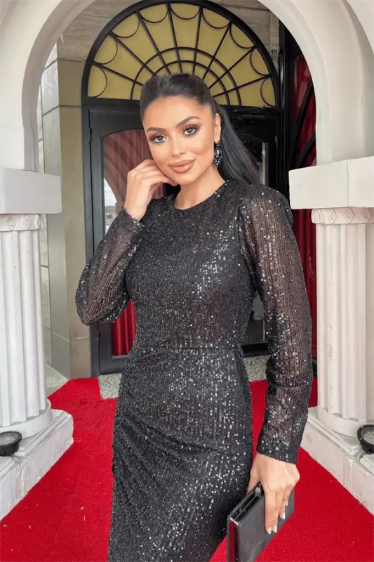 Pul Payet Mato Burmali Tafsilotli Kechki Libos - QORA - 4