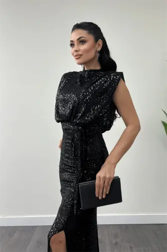 Pul Payet Mato Büzgü Tafsilotli Kechki Libos - QORA - 4