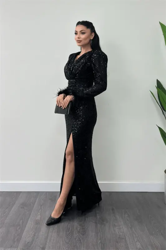 Pul Payet Mato Otriş Detalli Kechki Libos - QORA - 2