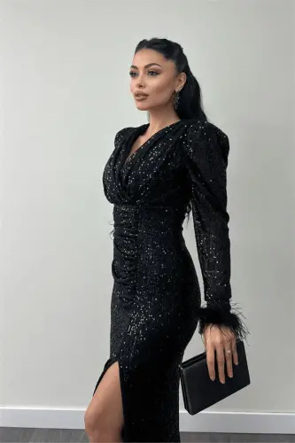 Pul Payet Mato Otriş Detalli Kechki Libos - QORA - 4