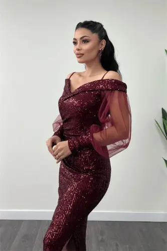 Pul Payet Mato Qayiq Yoqali Qalam Ko'ylak - BORDO - 4