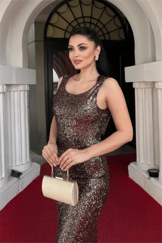 Pul Payet Sırt Degaje Yaka Abiye Elbise - BRONZ - 3