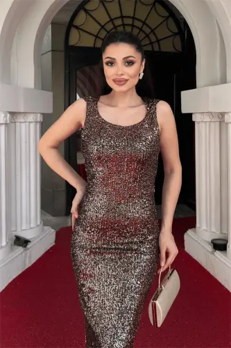 Pul Payet Sırt Degaje Yaka Abiye Elbise - BRONZ - 4