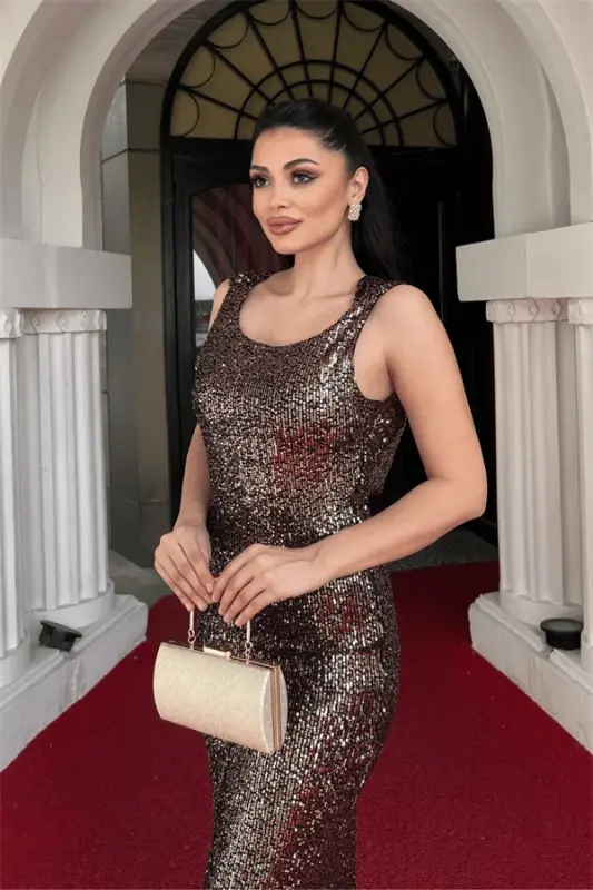 Pul Payet Sırt Degaje Yaka Abiye Koʻylak - BRONZA - 3