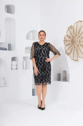 Pul Payet V Yaka Abiye Şifon Büyük Beden Elbise Siyah - 1