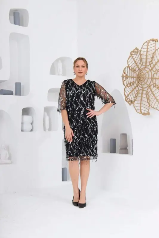 Pul Payet V Yaka Abiye Şifon Büyük Beden Elbise Siyah - 1