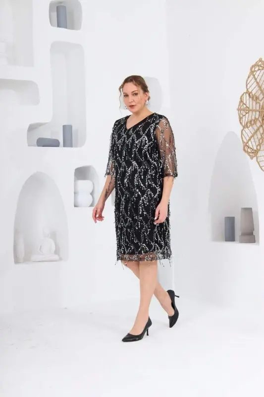 Pul Payet V Yaka Abiye Şifon Büyük Beden Elbise Siyah - 2