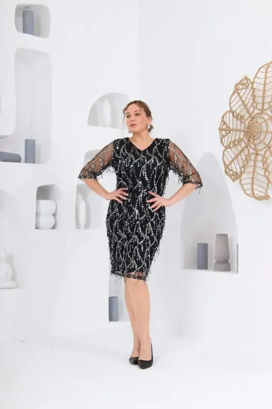 Pul Payet V Yaka Abiye Şifon Büyük Beden Elbise Siyah - 3