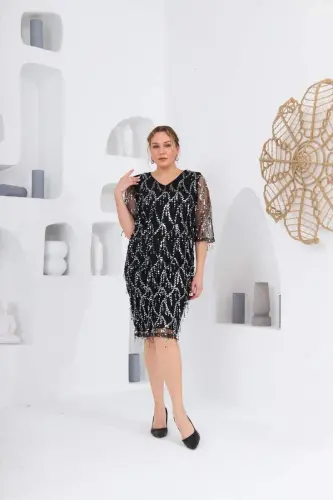 Pul Payet V Yaka Abiye Şifon Büyük Beden Elbise Siyah - 5