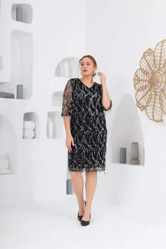 Pul Payet V Yaka Abiye Şifon Büyük Beden Elbise Siyah - 6