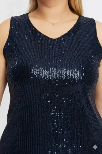 Pul Payetli Büyük Beden Sıfır Kol Lacivert Bluz - BÜYÜKBEDENIZ (1)