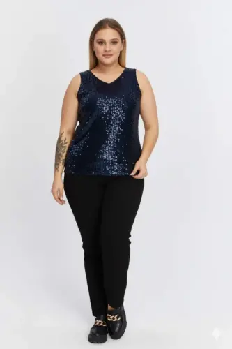 Pul Payetli Büyük Beden Sıfır Kol Lacivert Bluz - 3