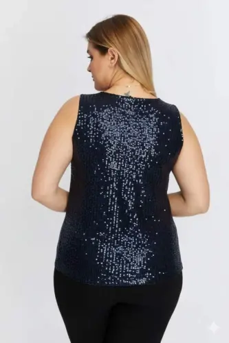Pul Payetli Büyük Beden Sıfır Kol Lacivert Bluz - 4