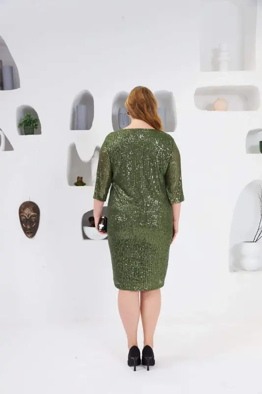 Pul Payetli Katta Hajmli Abiye Libos Xaki - 5