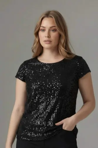 Pul Payetli Kısa Kol Büyük Beden Bluz - 1