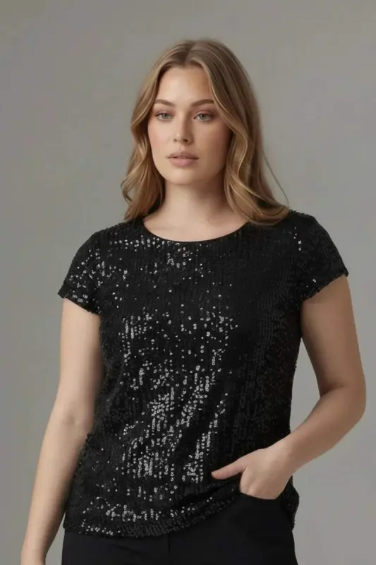 Pul Payetli Kısa Kol Büyük Beden Bluz - 1