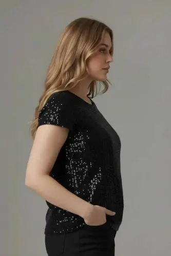 Pul Payetli Kısa Kol Büyük Beden Bluz - BÜYÜKBEDENIZ (1)