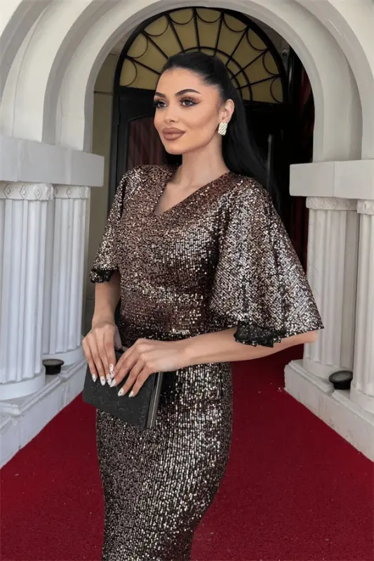 Pul Payetli V Yaka Kechki Libos - BRONZA - 4