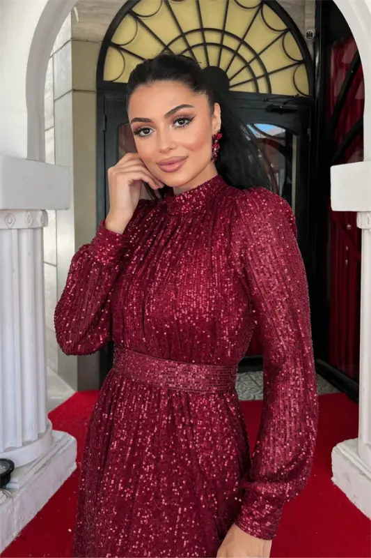 Pul Tül Payet Kumaş Büzgü Detaylı Kiloş Elbise - BORDO - 3