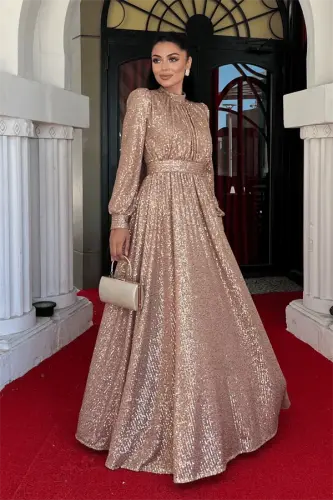 Pul Tül Payet Kumaş Büzgü Detaylı Kiloş Elbise - BRONZ - 2